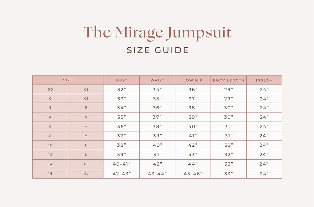 Size Chart for the Mirage Jumpsuit